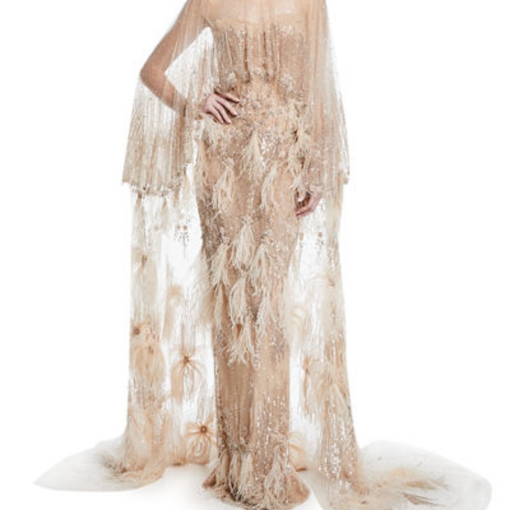 Pamella Roland Tulle Gown W/ Sequins and Feathers